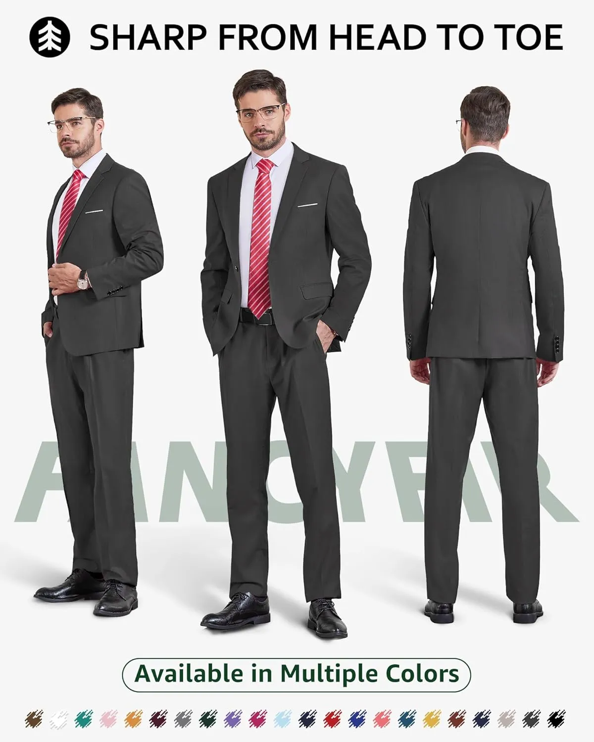 Men's Slim Fit 2 Piece Suit with Tie, One Button Solid Jacket and Pants for Business Weddings Party