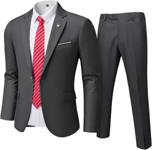 Men's Slim Fit 2 Piece Suit with Tie, One Button Solid Jacket and Pants for Business Weddings Party