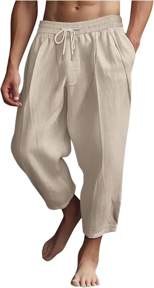 Men's Summer Beach Pants Elastic Waist Joggers Regular Fit Solid Color Pant Summer Long Trousers with Pockets