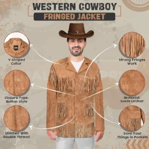 Mens Traditional Western Fringed Suede Leather Jacket | Classic Native American jacket Coat with Fringed