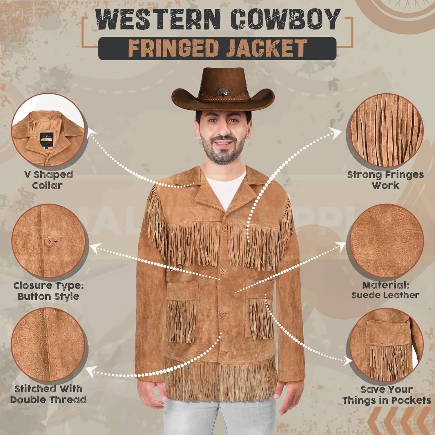 Mens Traditional Western Fringed Suede Leather Jacket | Classic Native American jacket Coat with Fringed