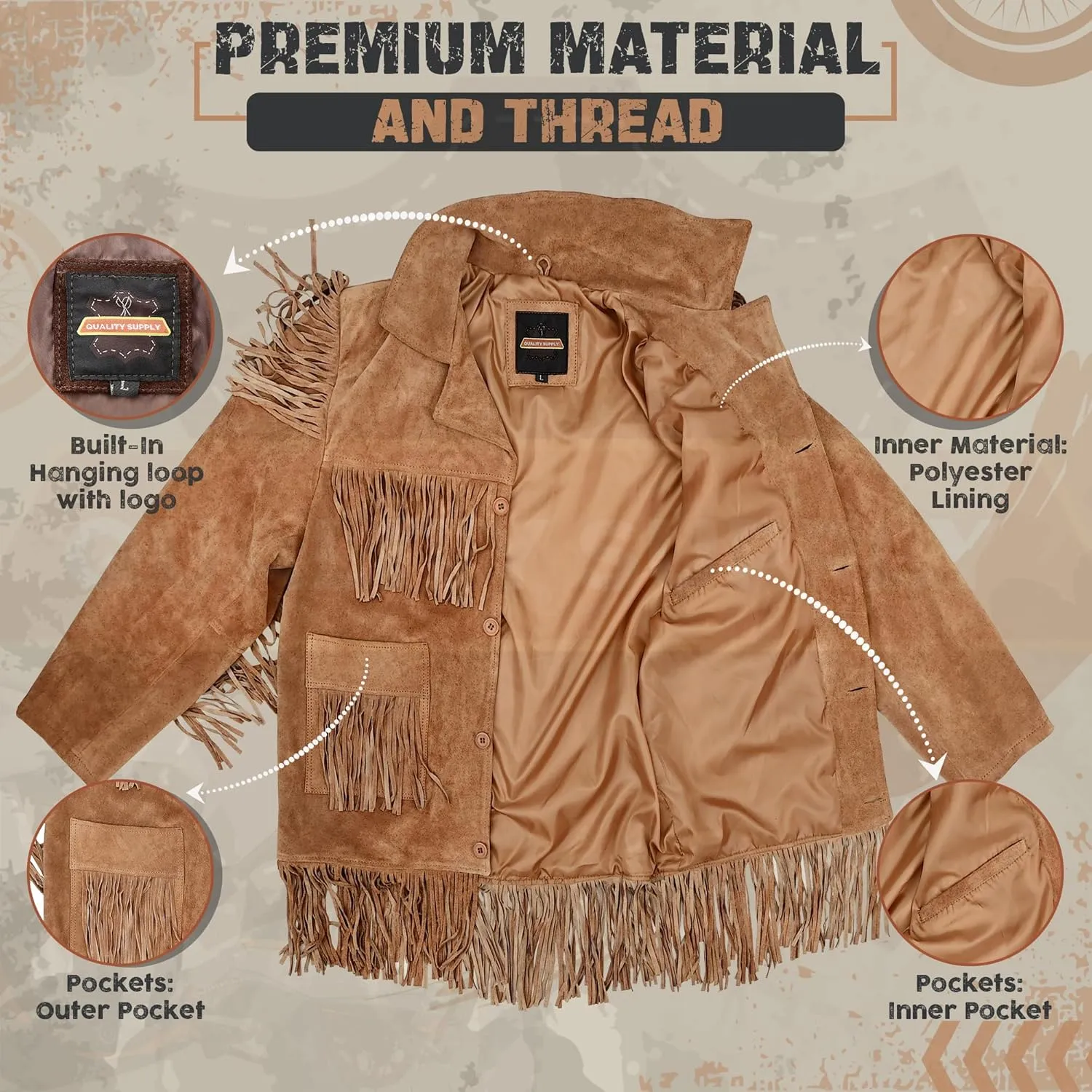 Mens Traditional Western Fringed Suede Leather Jacket | Classic Native American jacket Coat with Fringed