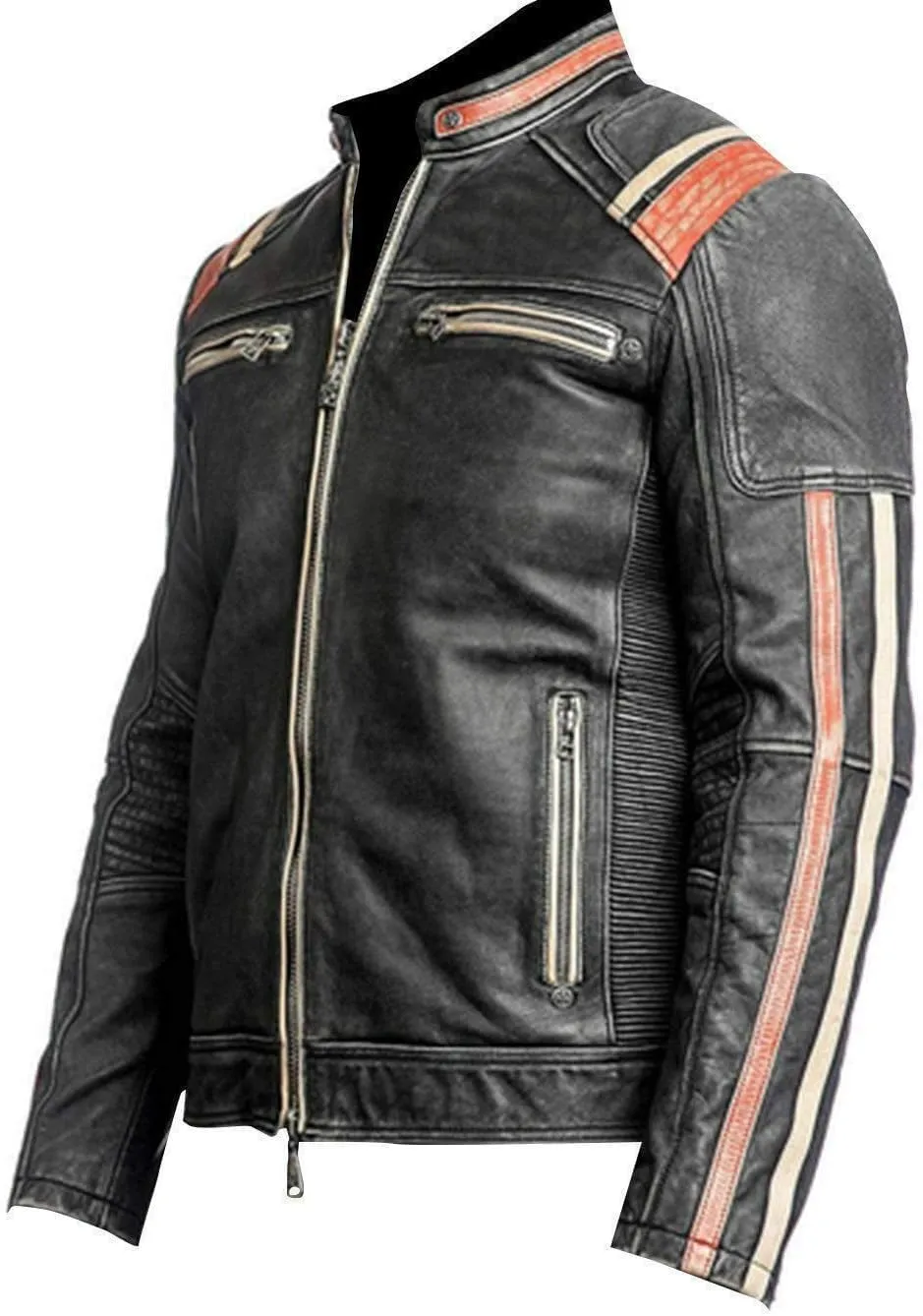 Men's Vintage Cafe Racer Retro Moto Distressed Leather Biker Jacket - Motorcycle Leather Jackets Men, Faux/Real
