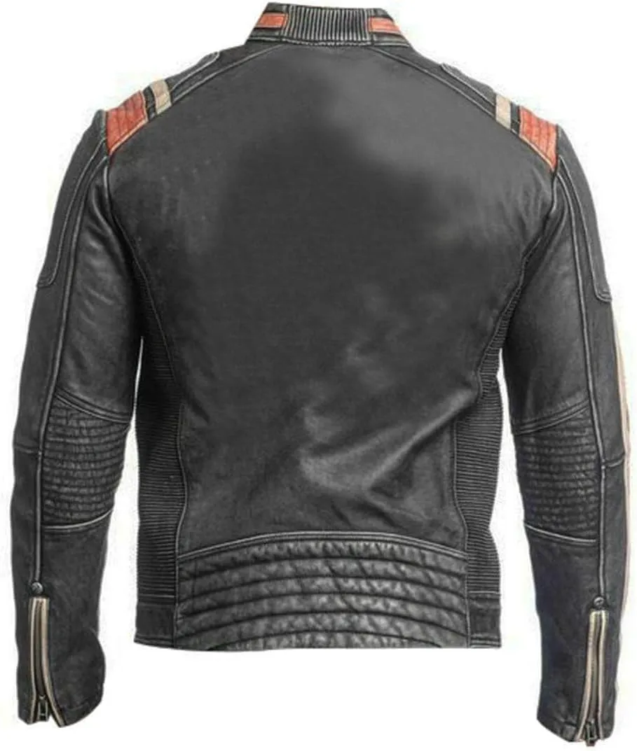 Men's Vintage Cafe Racer Retro Moto Distressed Leather Biker Jacket - Motorcycle Leather Jackets Men, Faux/Real