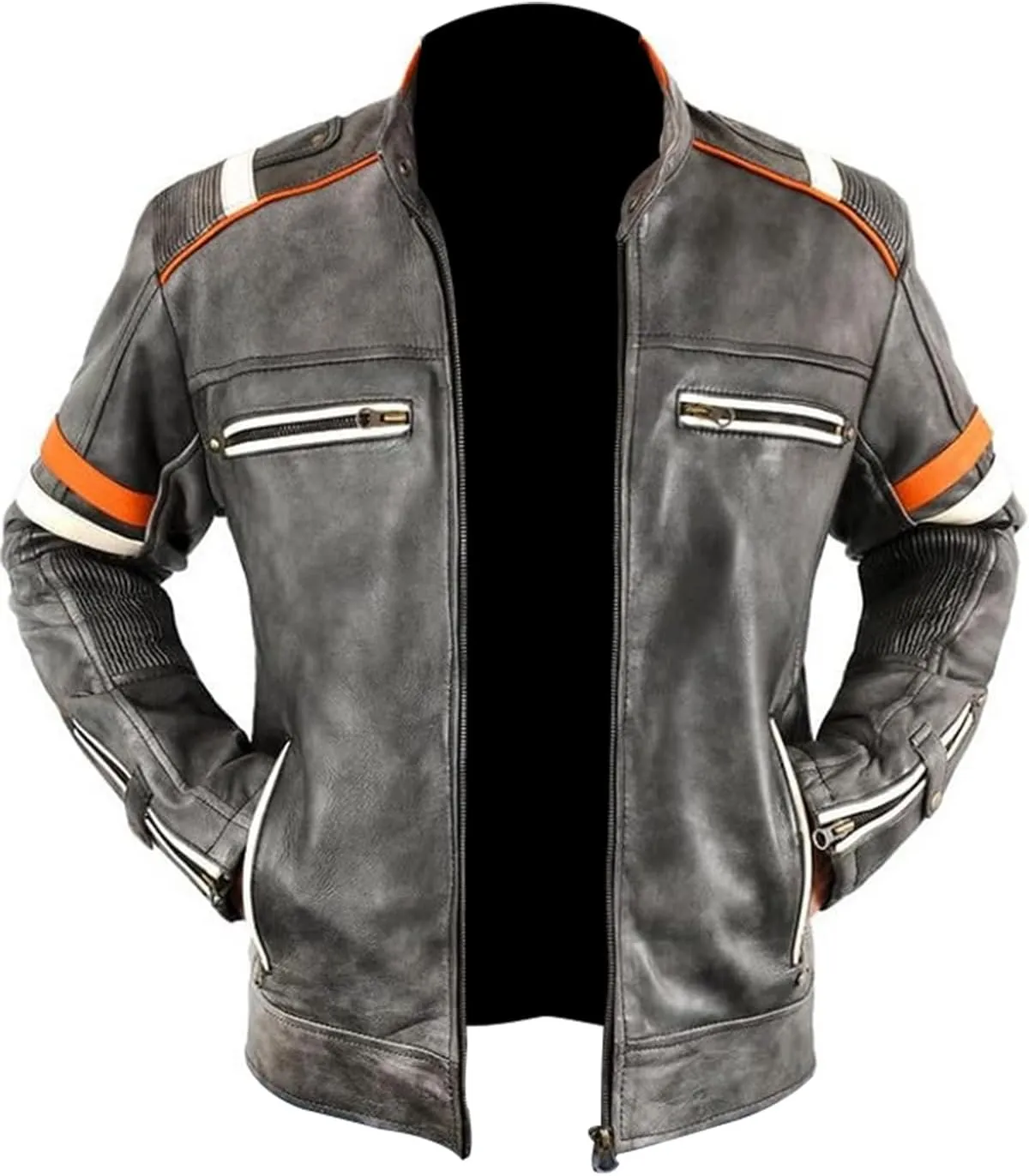 Men's Vintage Cafe Racer Retro Moto Distressed Leather Biker Jacket - Motorcycle Leather Jackets Men, Faux/Real