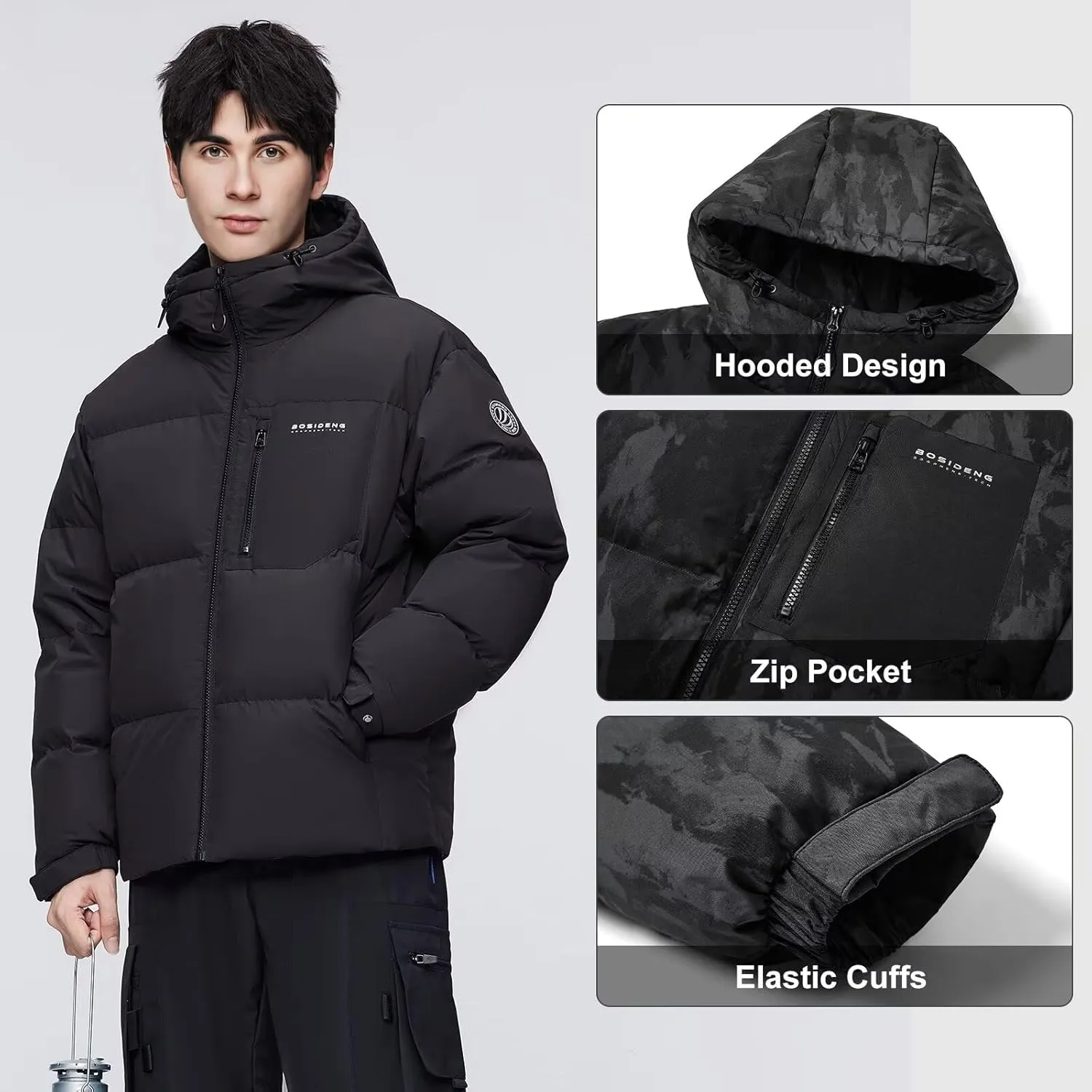 Men's Winter Short Down Jacket Hooded, Thickened Winter Warm Puffer Jacket Coat for Travel.