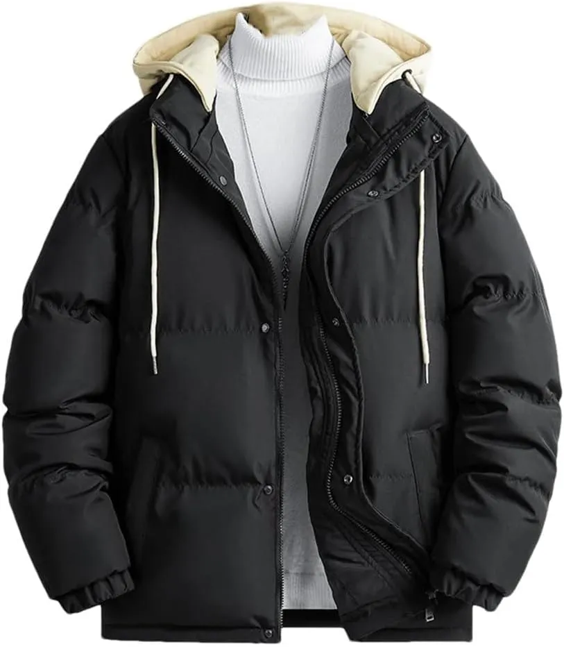 Mens Winter Solid Stand Collar Coat Windbreak Cotton Padded Down Jacket Warm Thick Parkas Casual Outwear