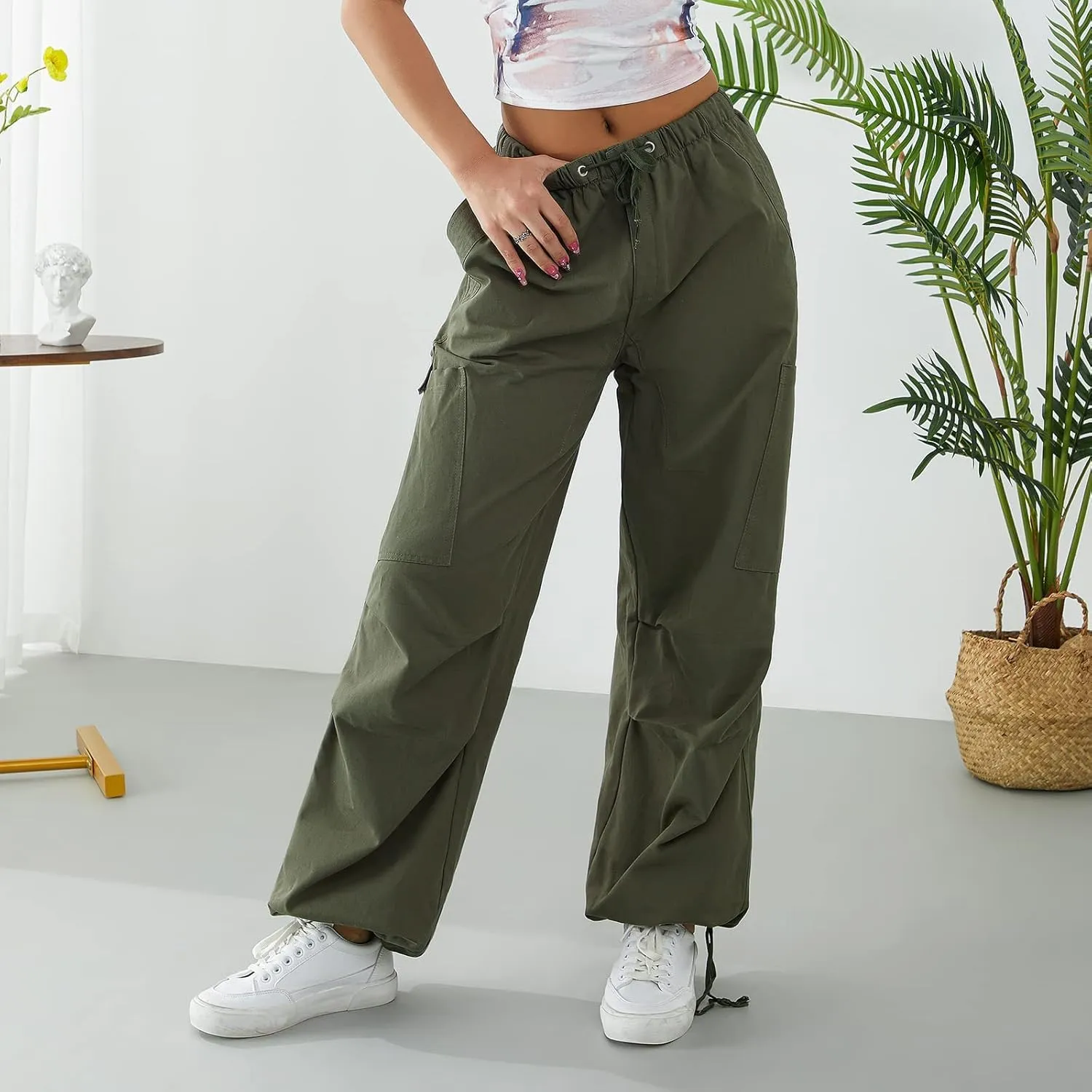 Miyaomn Women's Baggy Low Waist Parachute Cargo Pants Solid Casual Drawstring Adjustable Bottom Joggers Trousers with Pockets