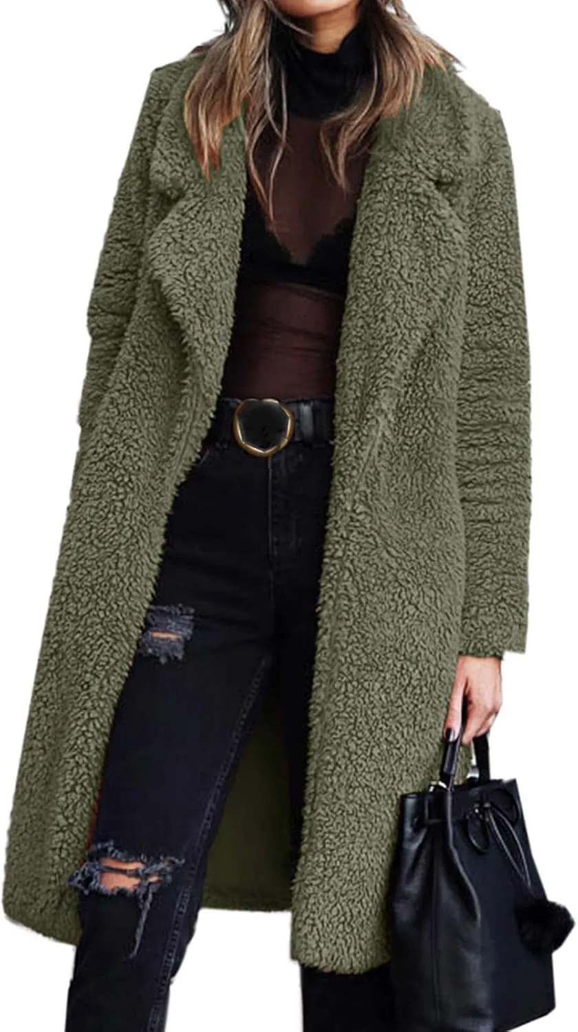 Mmoneyake Women Oversized Sherpa Jackets Fashion Winter Coats Fuzzy Fleece Lapel Open Front Long Cardigan Warm Outerwear 2024