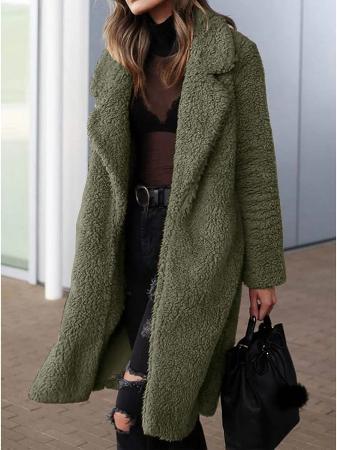 Mmoneyake Women Oversized Sherpa Jackets Fashion Winter Coats Fuzzy Fleece Lapel Open Front Long Cardigan Warm Outerwear 2024
