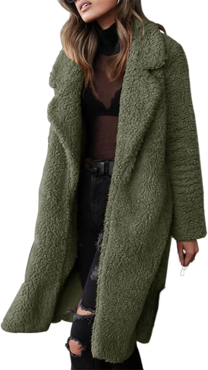 Mmoneyake Women Oversized Sherpa Jackets Fashion Winter Coats Fuzzy Fleece Lapel Open Front Long Cardigan Warm Outerwear 2024