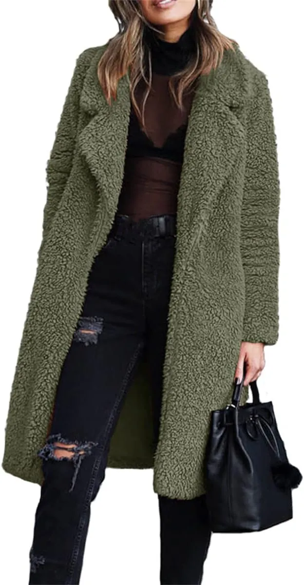 Mmoneyake Women Oversized Sherpa Jackets Fashion Winter Coats Fuzzy Fleece Lapel Open Front Long Cardigan Warm Outerwear 2024