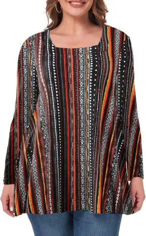 OVERWORETY Womens Plus Size T-Shirt Square Neck Long Sleeve Loose Casual Tunic Tops