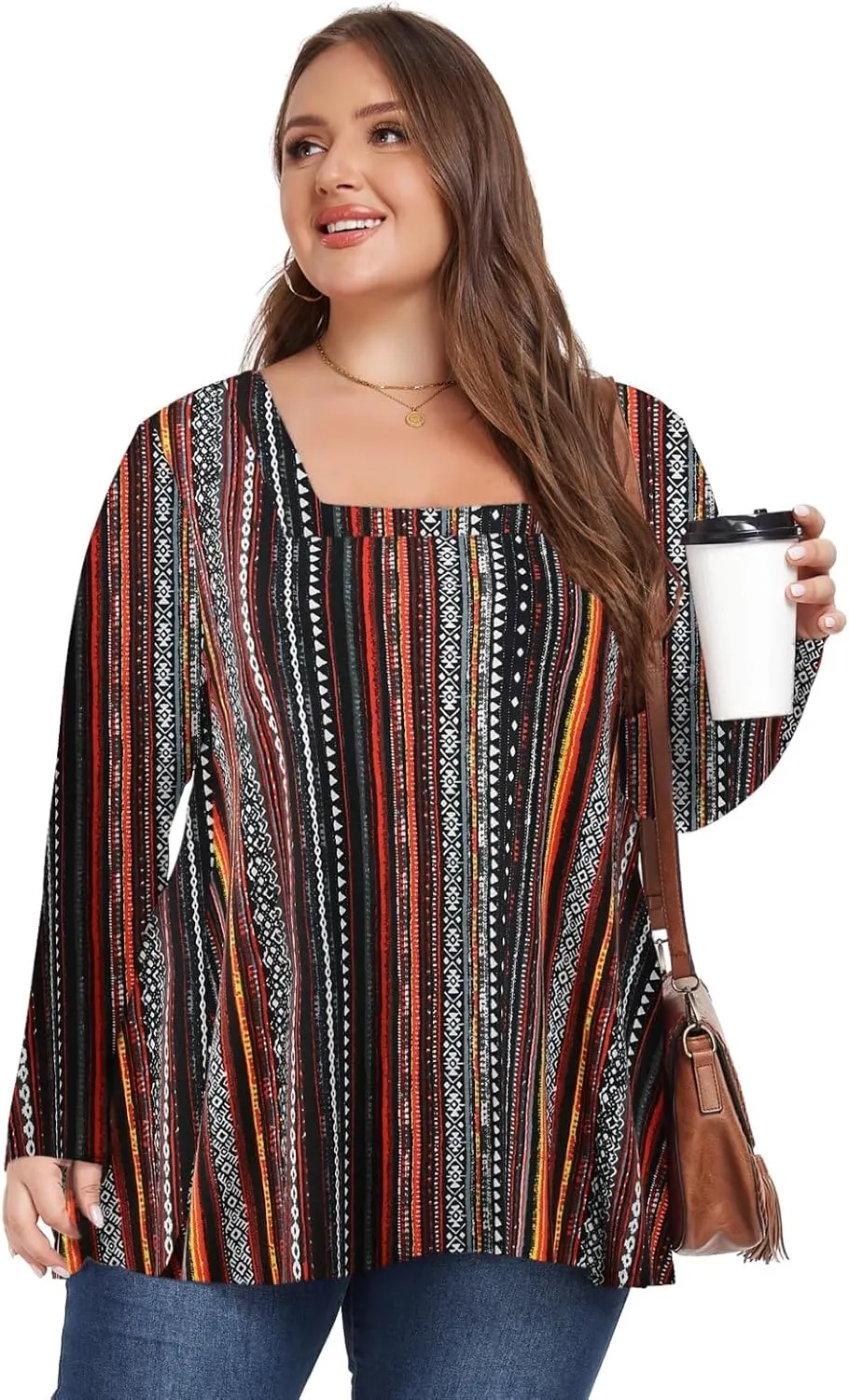 OVERWORETY Womens Plus Size T-Shirt Square Neck Long Sleeve Loose Casual Tunic Tops