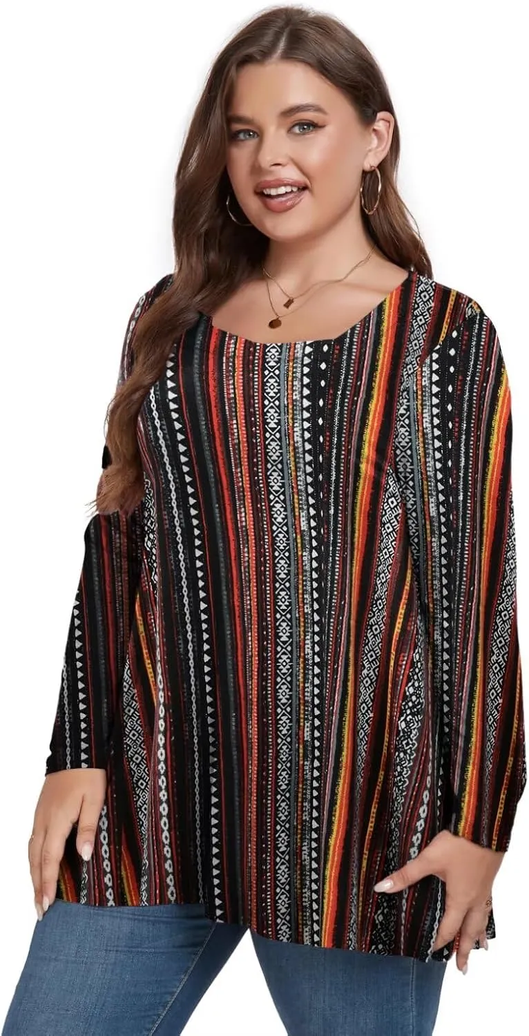 OVERWORETY Womens Plus Size T-Shirt Square Neck Long Sleeve Loose Casual Tunic Tops