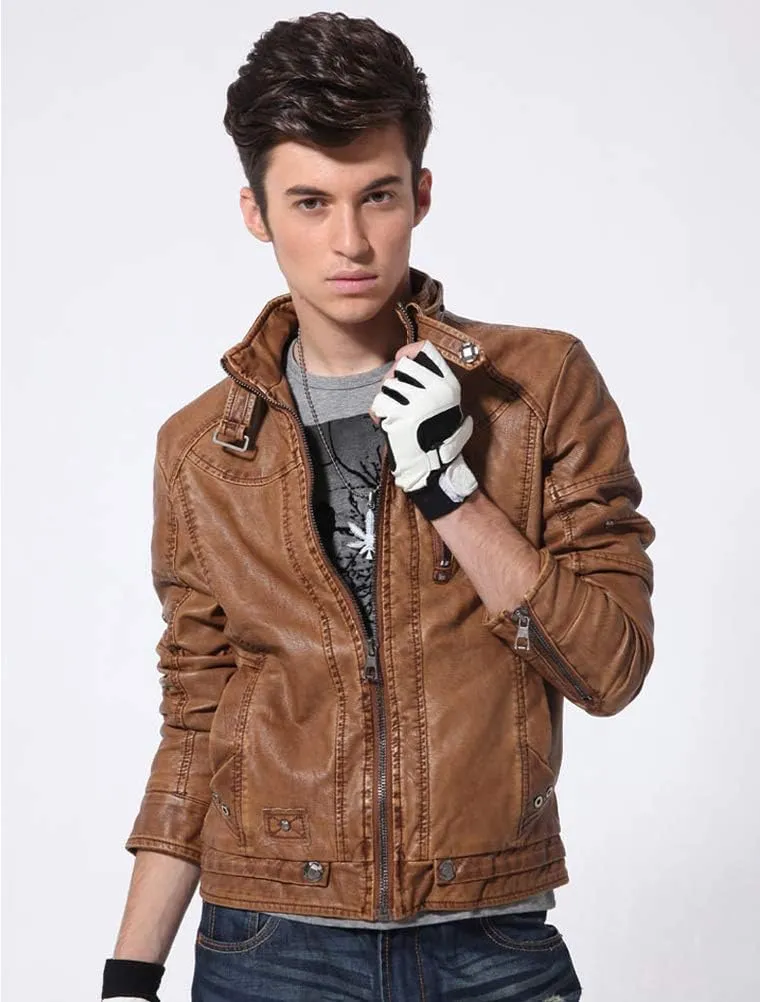 PASOK Men's Faux Leather Jacket Vintage Stand Collar Motorcycle PU Leather Outwear Coat