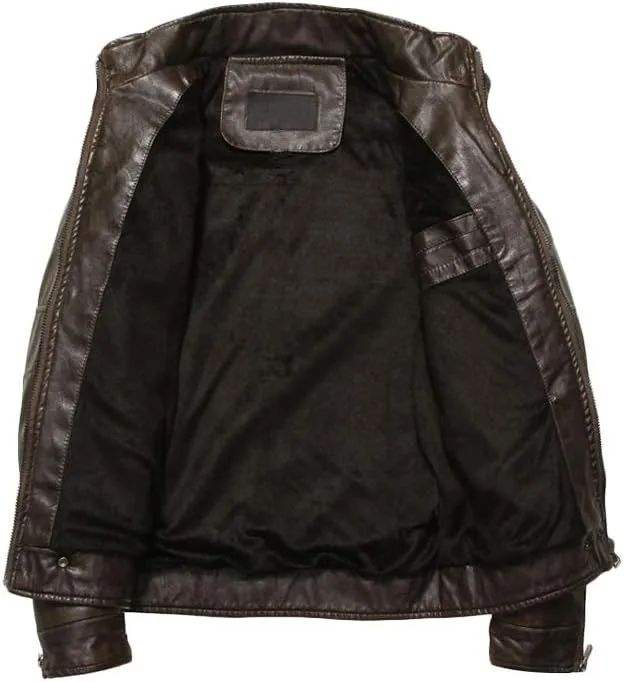 PASOK Men's Faux Leather Jacket Vintage Stand Collar Motorcycle PU Leather Outwear Coat