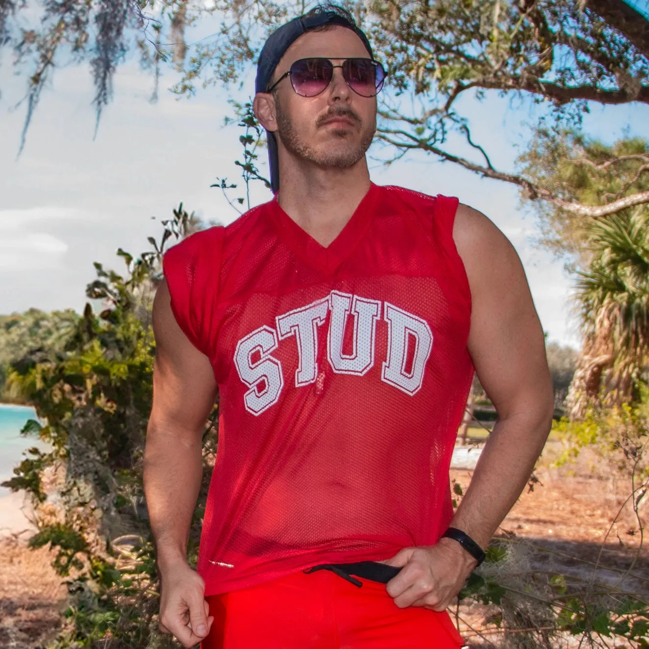 Peachy Kings Stud mesh cropped football jersey red