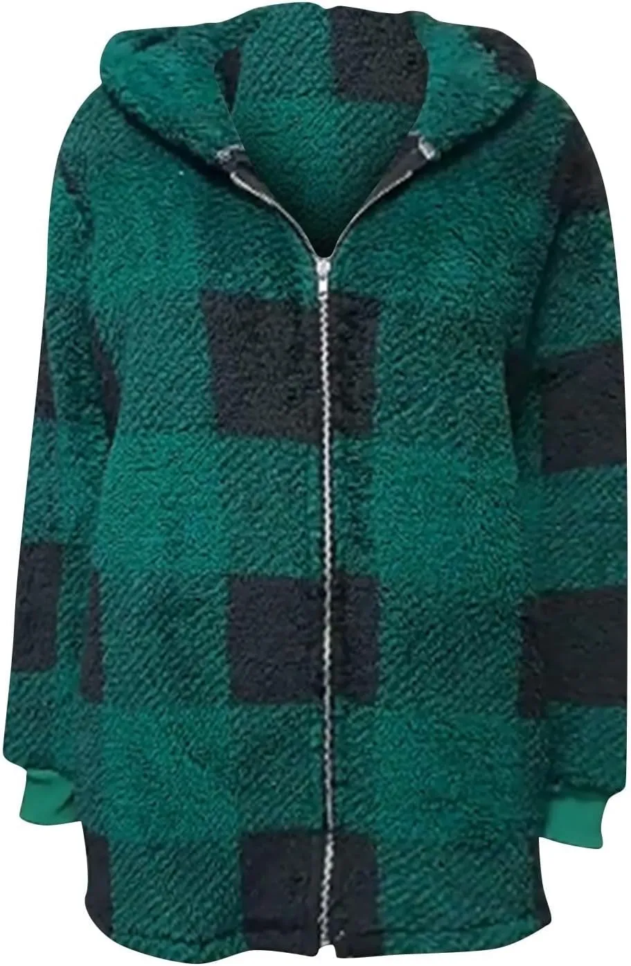 PETYCZEN Fleece Jacket Women Zip Up Fuzzy Sherpa Plaid Jacket with Hood Plus Size Teddy Coats Warm Fluffy Cardigan Jakcet
