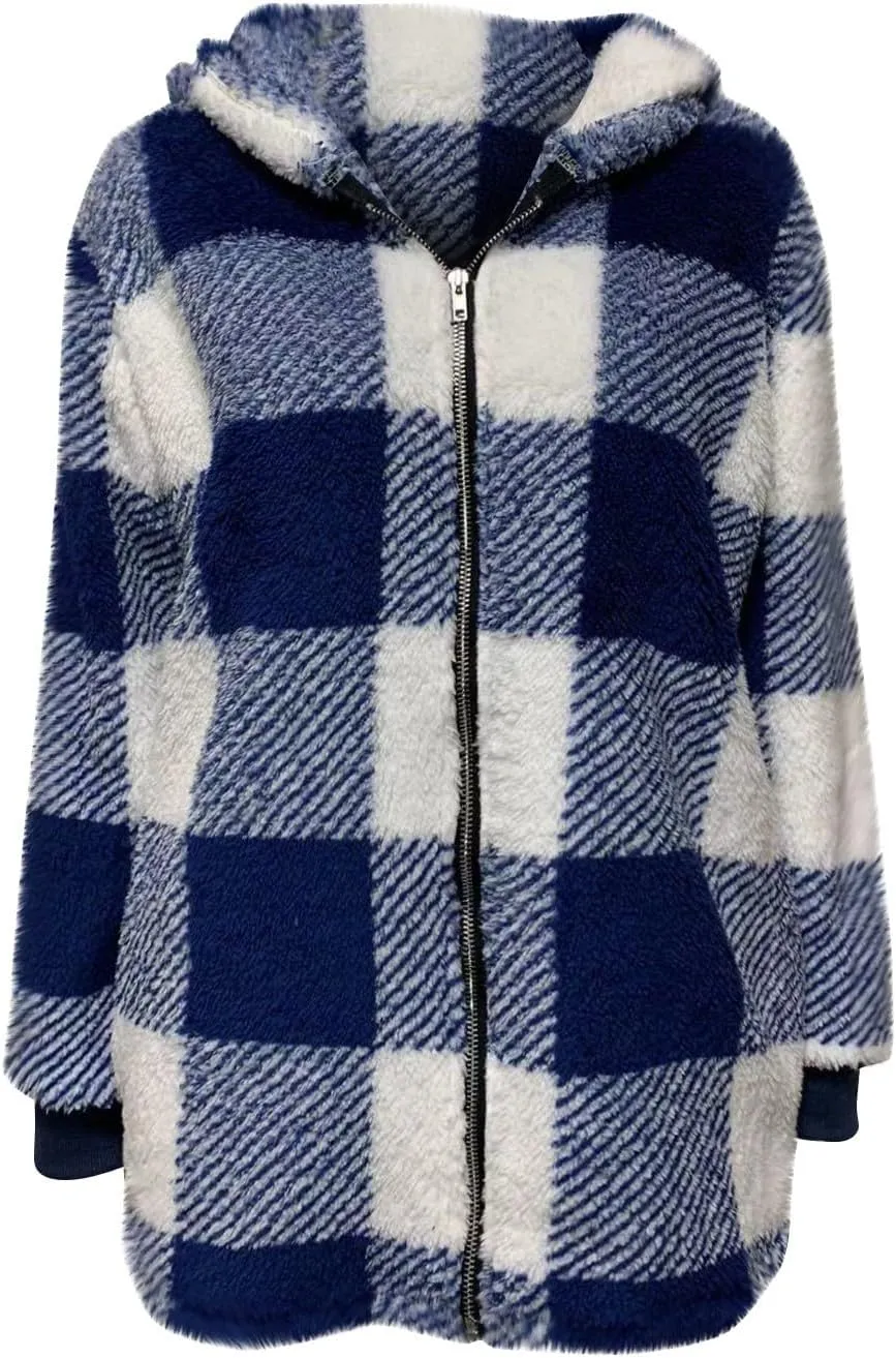 PETYCZEN Fleece Jacket Women Zip Up Fuzzy Sherpa Plaid Jacket with Hood Plus Size Teddy Coats Warm Fluffy Cardigan Jakcet