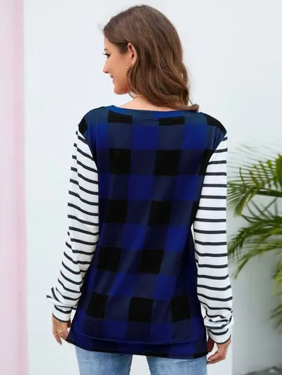 Plaid Striped Round Neck Long Sleeve T-Shirt