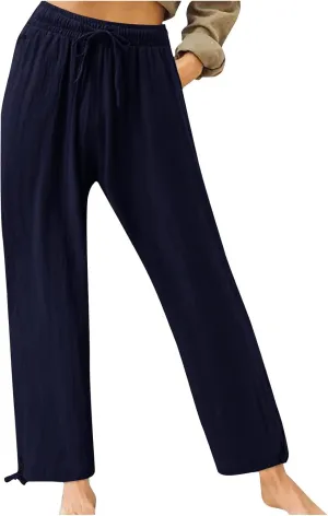 Plus Size Solid Relaxed Crinkle Pants Wide Leg Casual Summer High Waist Trousers Fashion Work Office Cropped Pant