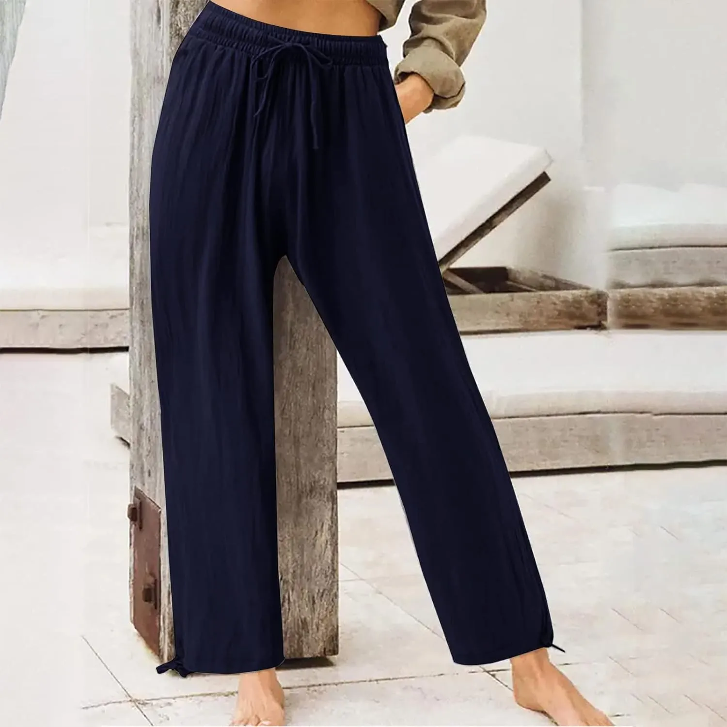 Plus Size Solid Relaxed Crinkle Pants Wide Leg Casual Summer High Waist Trousers Fashion Work Office Cropped Pant