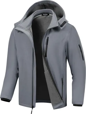 Pursky Men's Softshell Jacket Waterproof Fleece Lined Windbreaker With Removable Hood Lightweight Tactical Jacket