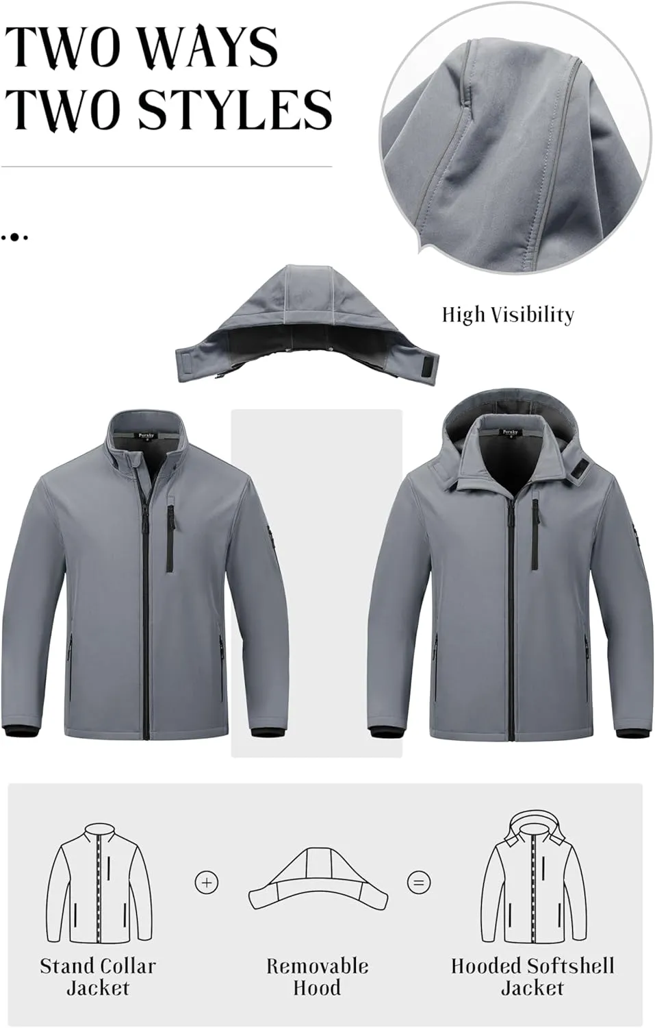 Pursky Men's Softshell Jacket Waterproof Fleece Lined Windbreaker With Removable Hood Lightweight Tactical Jacket