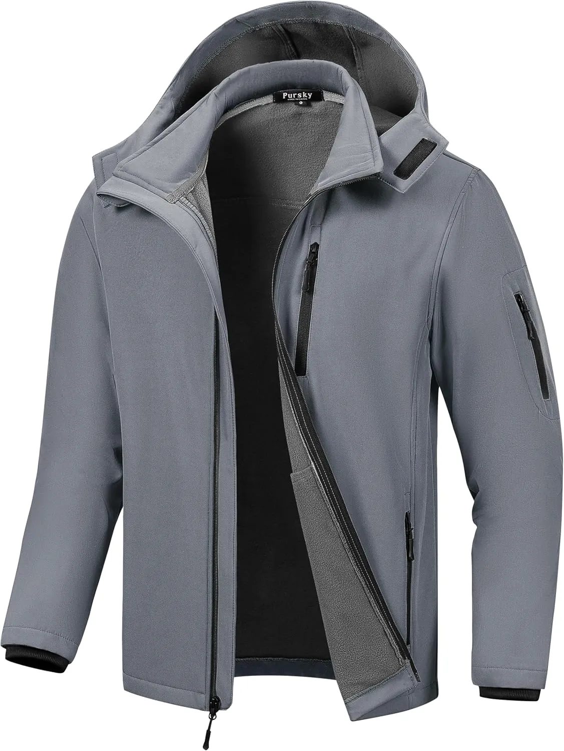 Pursky Men's Softshell Jacket Waterproof Fleece Lined Windbreaker With Removable Hood Lightweight Tactical Jacket