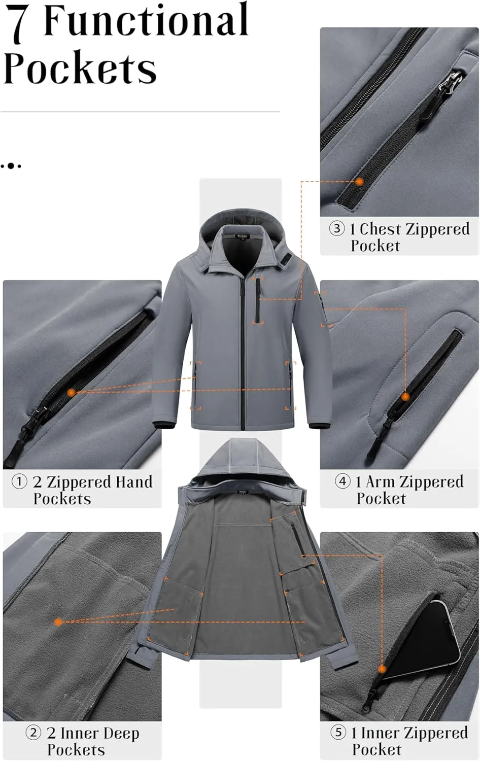 Pursky Men's Softshell Jacket Waterproof Fleece Lined Windbreaker With Removable Hood Lightweight Tactical Jacket