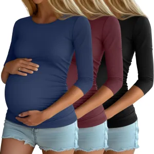 Riyiper 3 Pack Women's Maternity Shirts, 3/4 Sleeve Crew Neck Pregnancy Tee Tops Side Ruched Casual Tunic Pregnant T Shirts