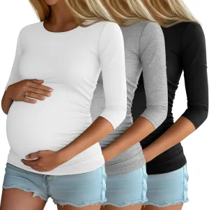 Riyiper 3 Pack Women's Maternity Shirts, 3/4 Sleeve Crew Neck Pregnancy Tee Tops Side Ruched Casual Tunic Pregnant T Shirts