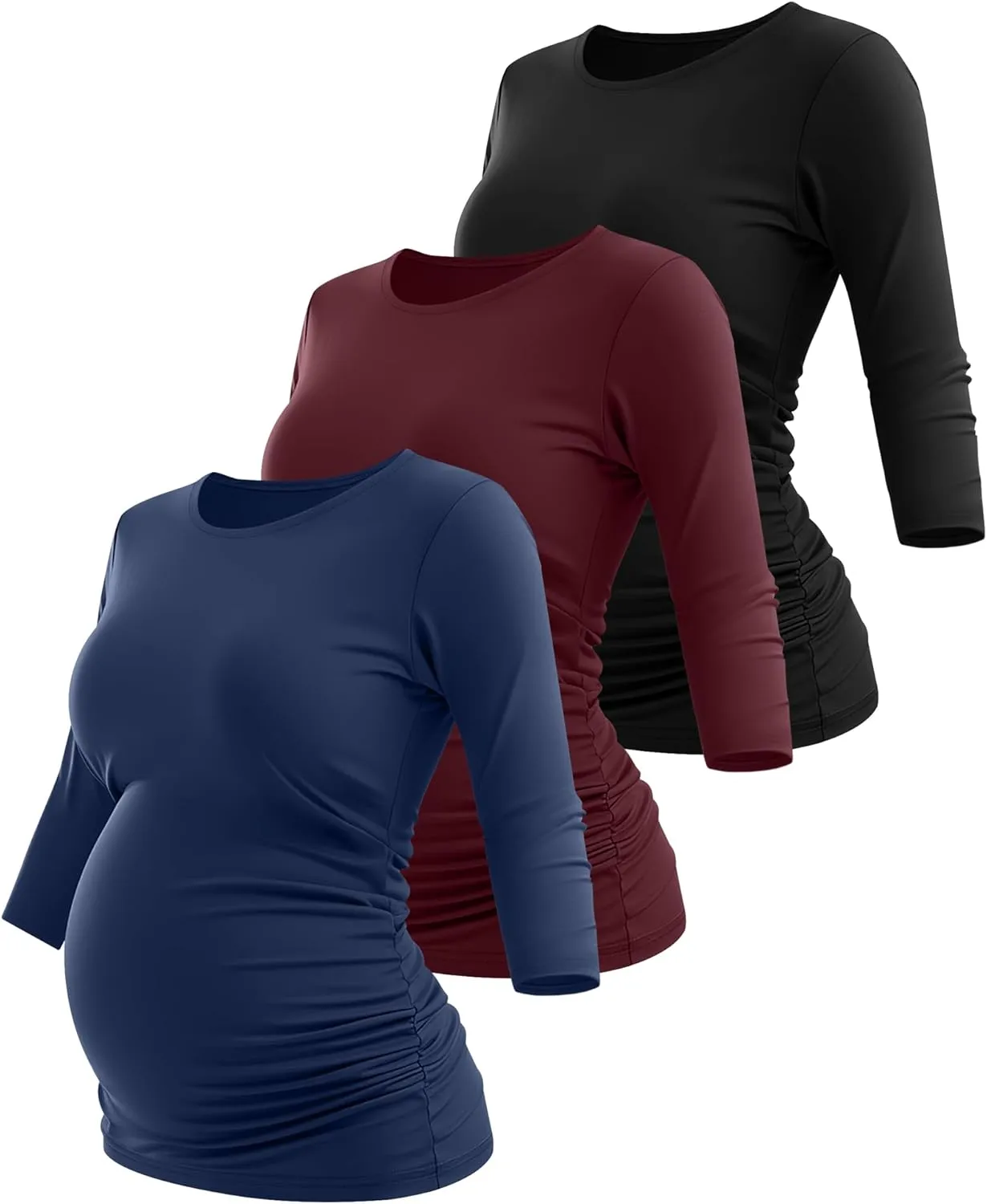 Riyiper 3 Pack Women's Maternity Shirts, 3/4 Sleeve Crew Neck Pregnancy Tee Tops Side Ruched Casual Tunic Pregnant T Shirts