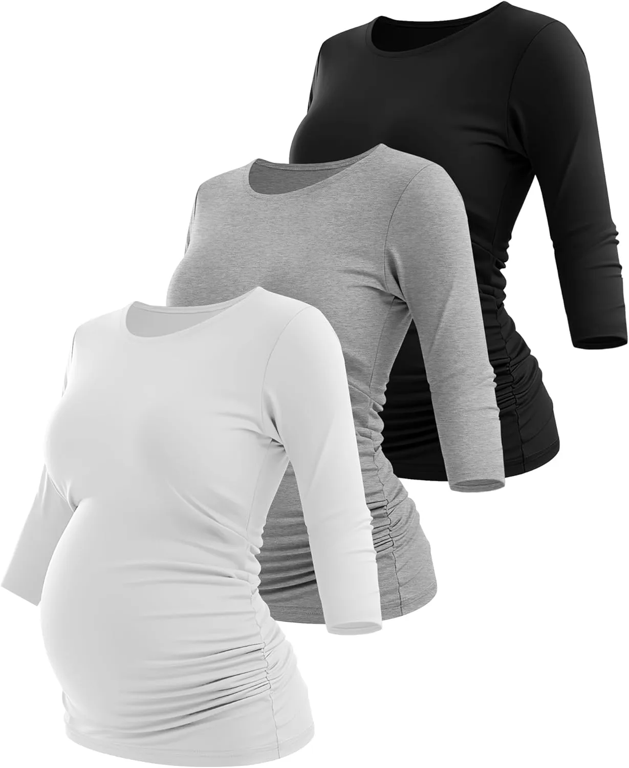 Riyiper 3 Pack Women's Maternity Shirts, 3/4 Sleeve Crew Neck Pregnancy Tee Tops Side Ruched Casual Tunic Pregnant T Shirts