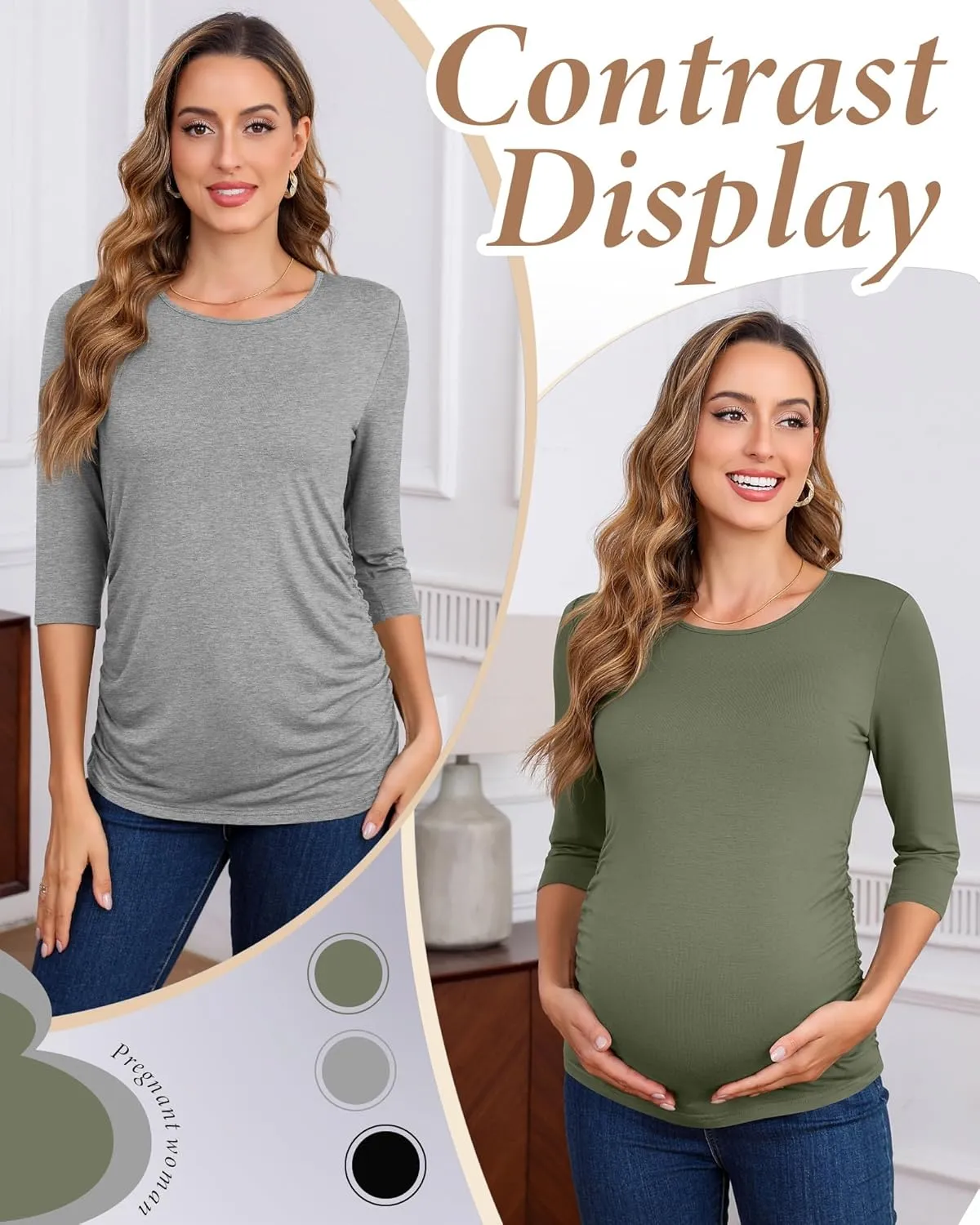 Riyiper 3 Pack Women's Maternity Shirts, 3/4 Sleeve Crew Neck Pregnancy Tee Tops Side Ruched Casual Tunic Pregnant T Shirts
