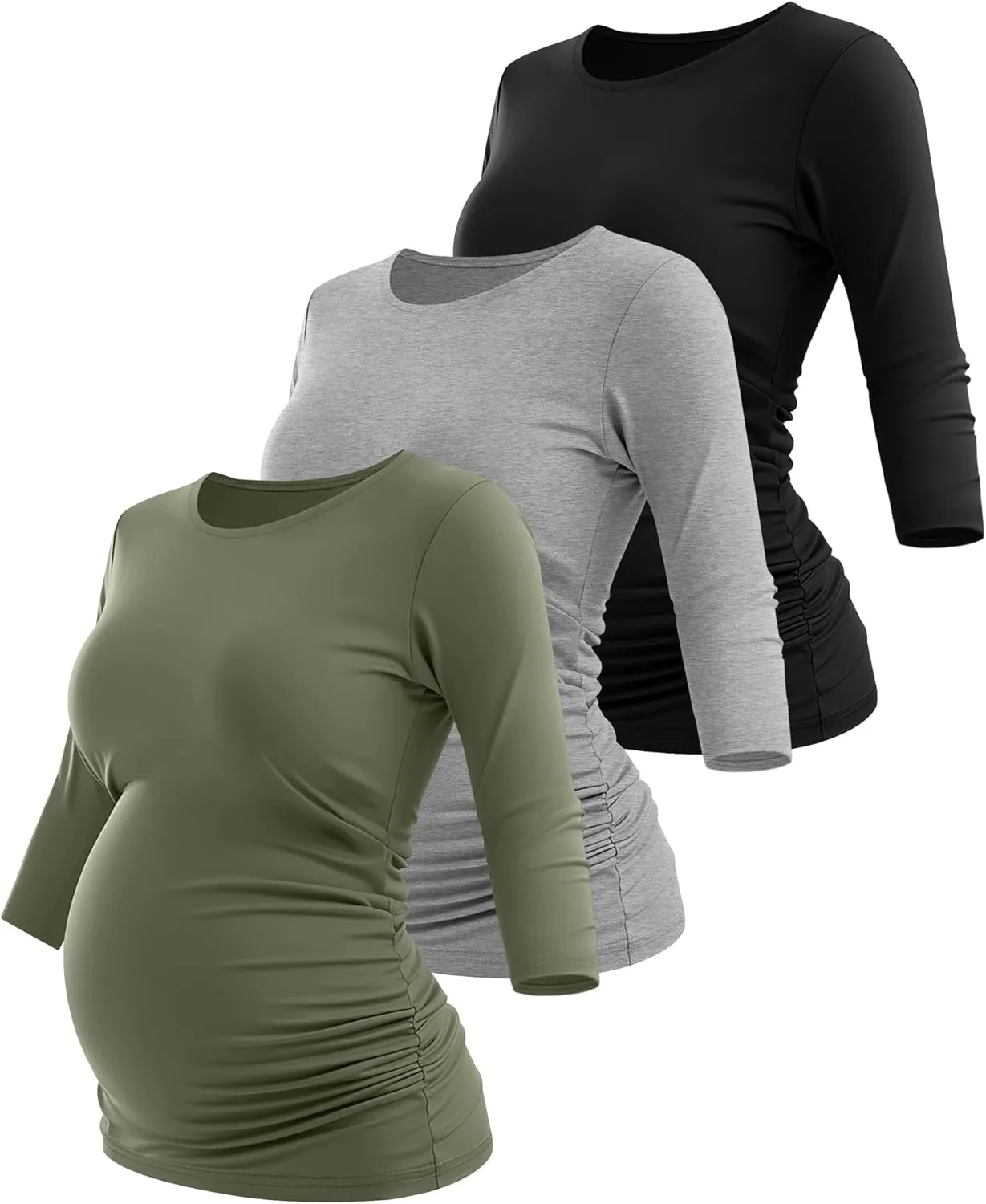 Riyiper 3 Pack Women's Maternity Shirts, 3/4 Sleeve Crew Neck Pregnancy Tee Tops Side Ruched Casual Tunic Pregnant T Shirts