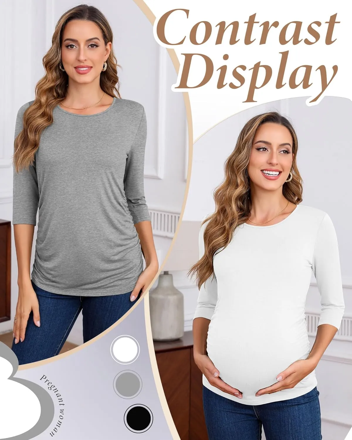 Riyiper 3 Pack Women's Maternity Shirts, 3/4 Sleeve Crew Neck Pregnancy Tee Tops Side Ruched Casual Tunic Pregnant T Shirts