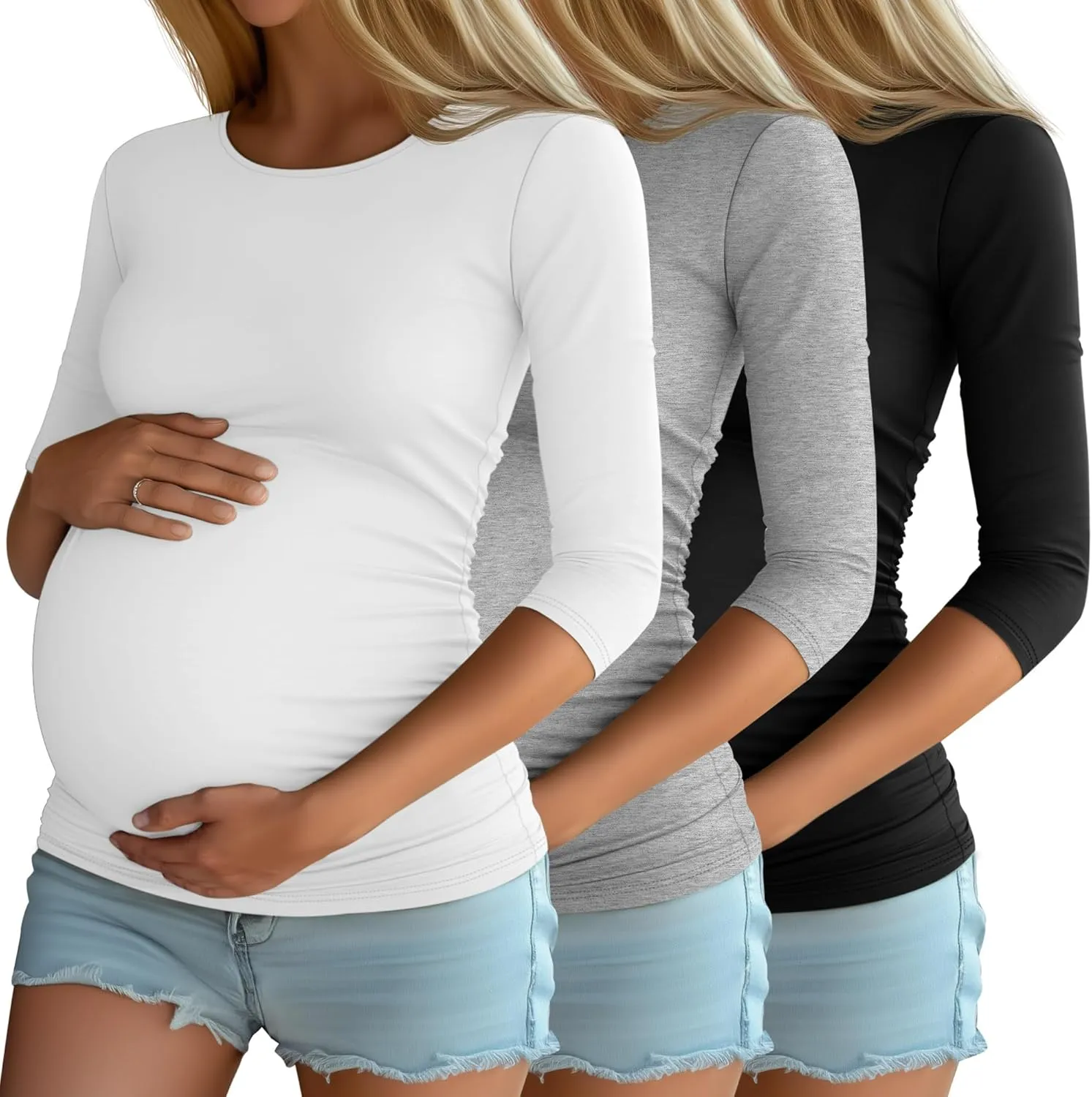 Riyiper 3 Pack Women's Maternity Shirts, 3/4 Sleeve Crew Neck Pregnancy Tee Tops Side Ruched Casual Tunic Pregnant T Shirts