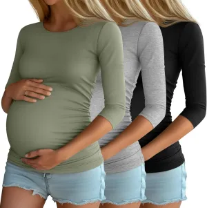 Riyiper 3 Pack Women's Maternity Shirts, 3/4 Sleeve Crew Neck Pregnancy Tee Tops Side Ruched Casual Tunic Pregnant T Shirts