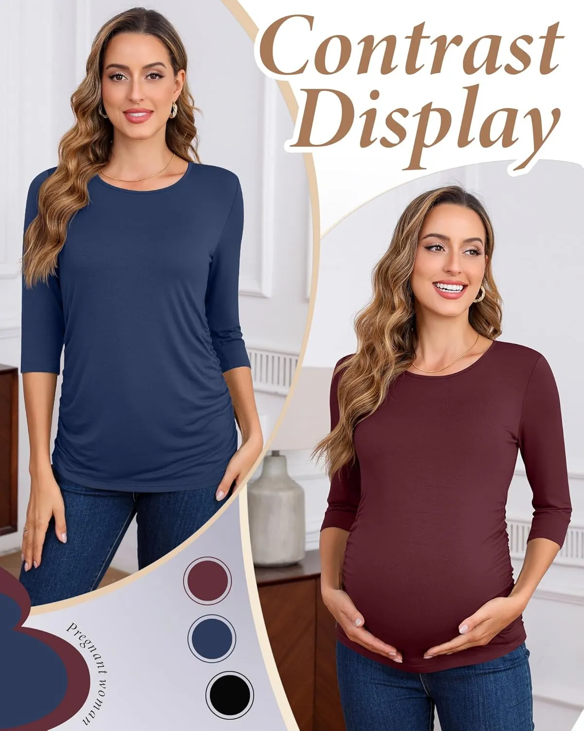 Riyiper 3 Pack Women's Maternity Shirts, 3/4 Sleeve Crew Neck Pregnancy Tee Tops Side Ruched Casual Tunic Pregnant T Shirts