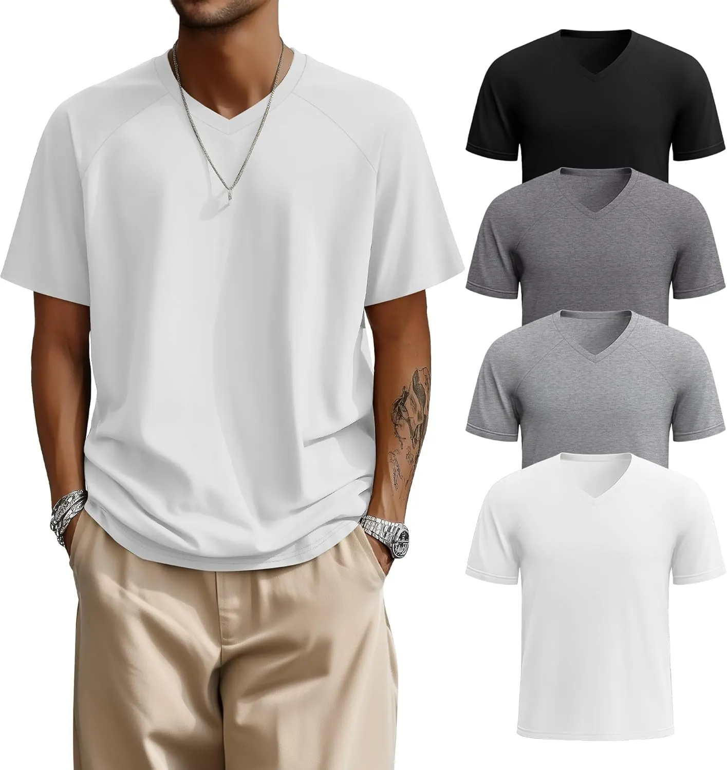 Riyiper 4 Pack Men's Big and Tall V Neck T-Shirts, Raglan Short Sleeve 30% Cotton Oversized Top Casual Summer Basic Tee