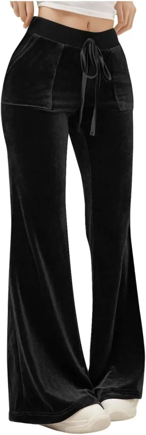 Ruziyoog Velvet Pants for Women Drawstring High Waist Wide Leg Casual Lounge Pant Loose Flowy Trousers with Pockets
