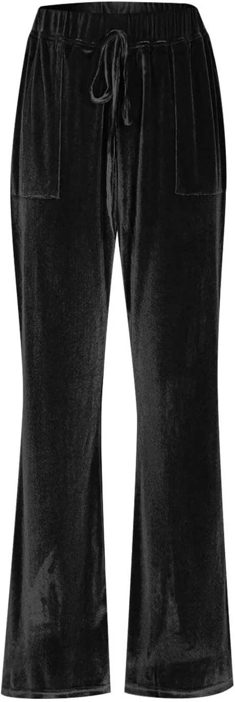 Ruziyoog Velvet Pants for Women Drawstring High Waist Wide Leg Casual Lounge Pant Loose Flowy Trousers with Pockets