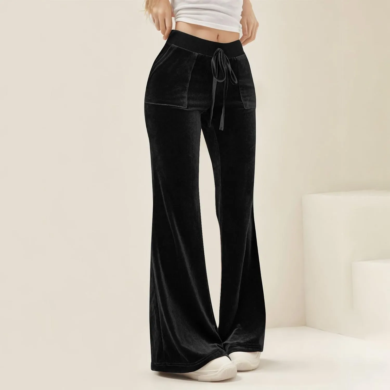 Ruziyoog Velvet Pants for Women Drawstring High Waist Wide Leg Casual Lounge Pant Loose Flowy Trousers with Pockets