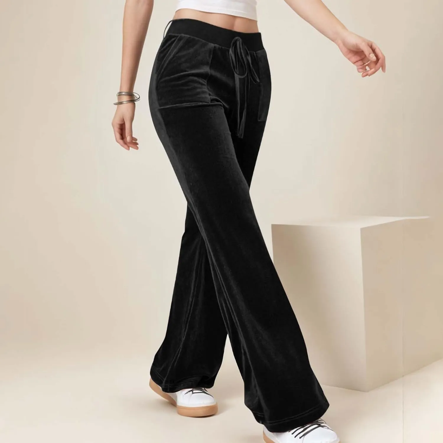 Ruziyoog Velvet Pants for Women Drawstring High Waist Wide Leg Casual Lounge Pant Loose Flowy Trousers with Pockets