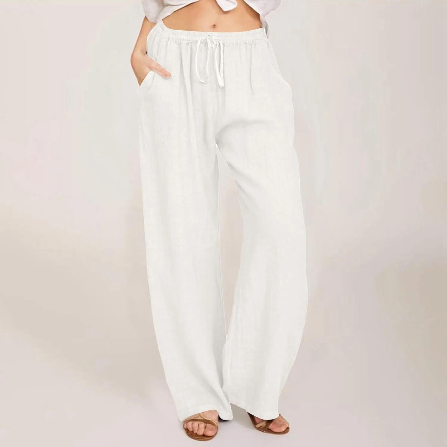 sdbrld Linen Pants for Women,Women Linen Pants 2024 Summer Loose Palazzo Pants Flowy Wide Leg Boho Beach Pants with Pockets