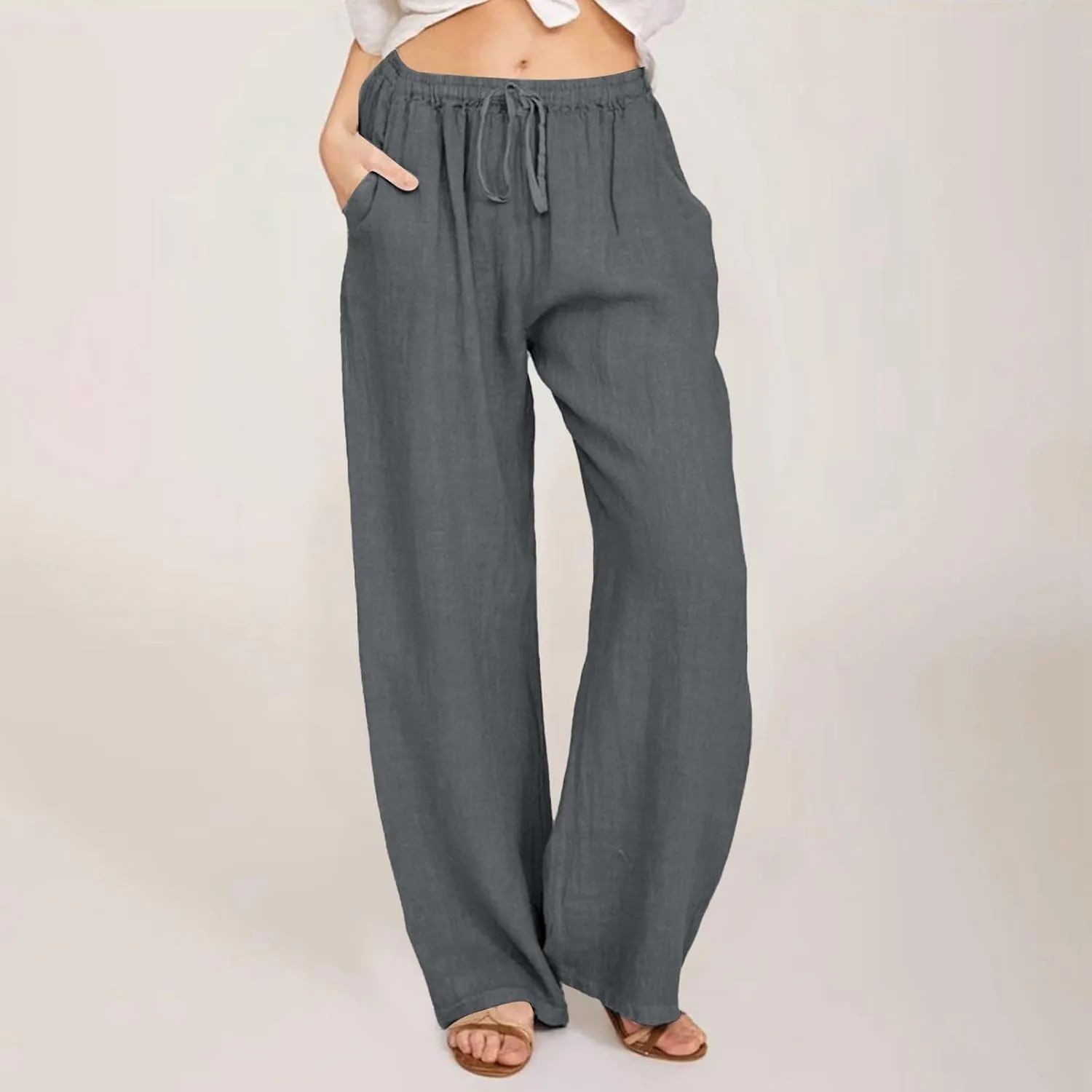 sdbrld Linen Pants for Women,Women Linen Pants 2024 Summer Loose Palazzo Pants Flowy Wide Leg Boho Beach Pants with Pockets