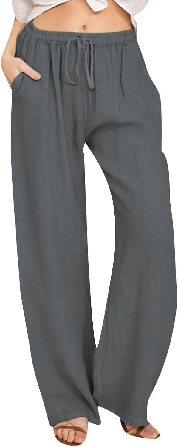 sdbrld Linen Pants for Women,Women Linen Pants 2024 Summer Loose Palazzo Pants Flowy Wide Leg Boho Beach Pants with Pockets