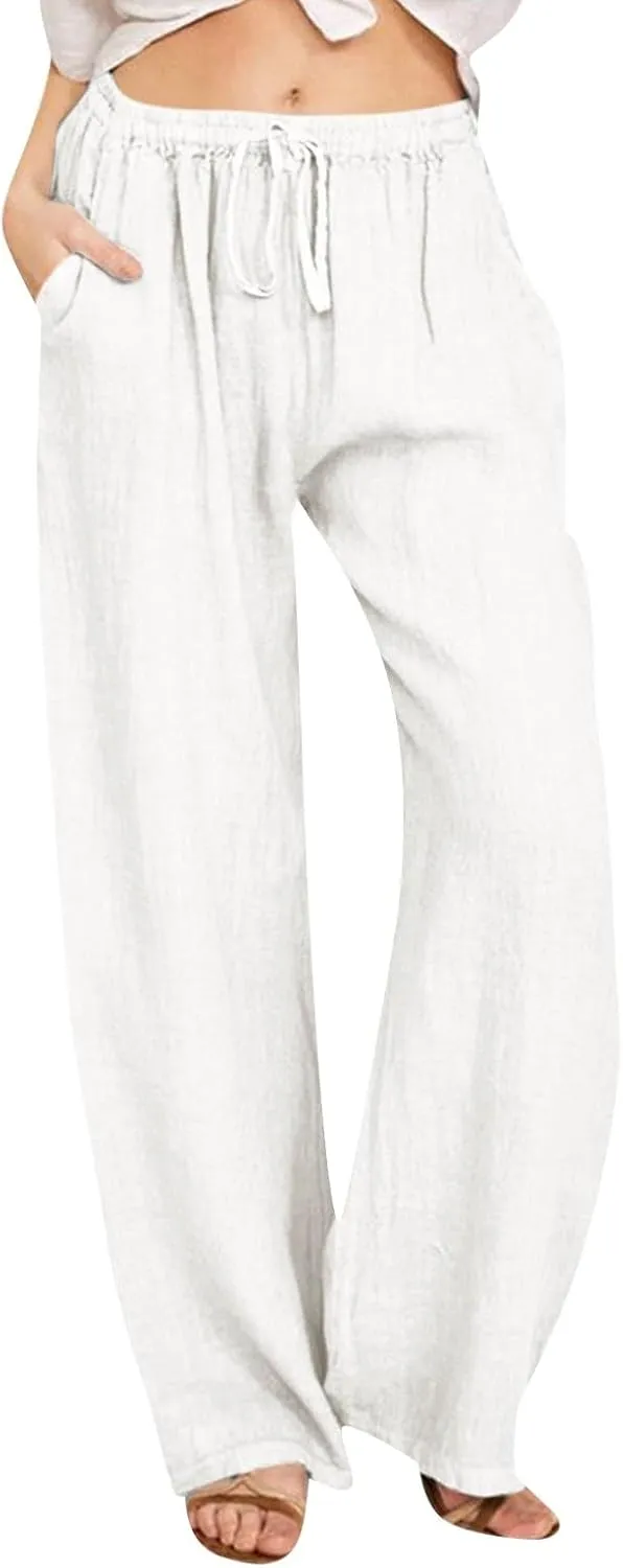sdbrld Linen Pants for Women,Women Linen Pants 2024 Summer Loose Palazzo Pants Flowy Wide Leg Boho Beach Pants with Pockets